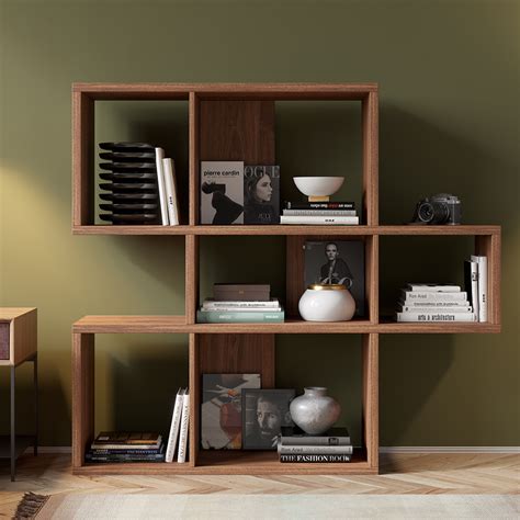 Modern 3 Tier Geometric Horizontal Bookcase Walnut Wood Bookshelf
