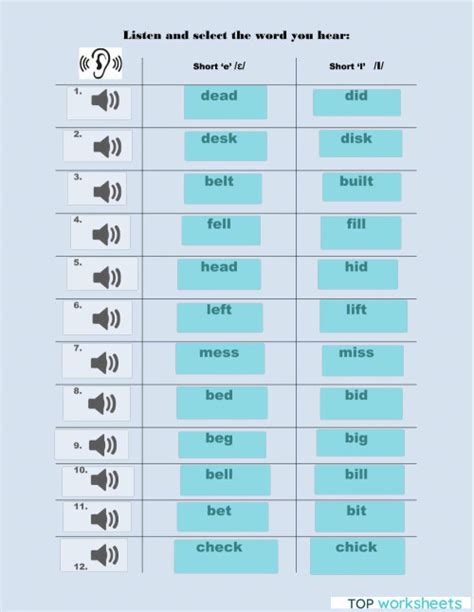 Pronunciation Pairs Short E Short I Interactive Worksheet