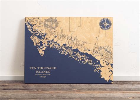 Ten Thousand Islands Florida Map Engraved Wood Coastal Wall Etsy