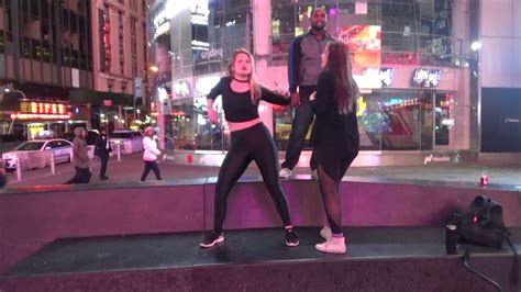 Two Girls Canadian Dancers Practise Their Dancing Moves Skills On Times Square New York Nyc
