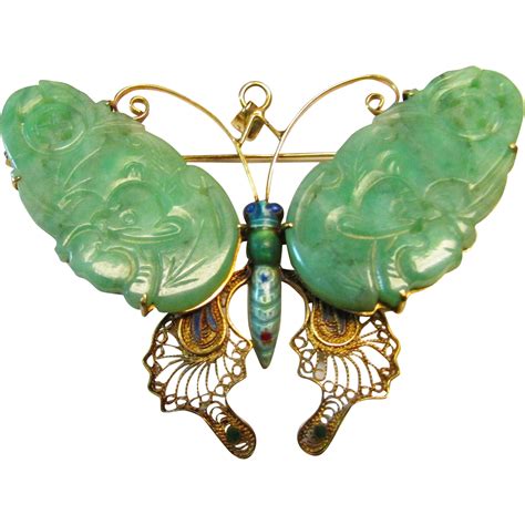 Vintage Estate Large Mid Century 14k Thick Carved Green Jade Butterfly