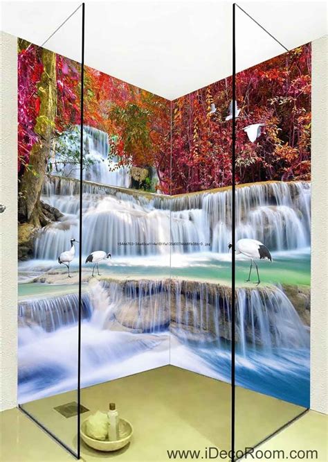 3d Wallpaper Autumn Red Forest Waterfall Birds Wall Murals Bathroom