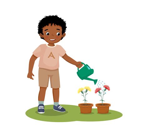 Happy Cute Little African Boy Watering Plants Flowers In The Pot With