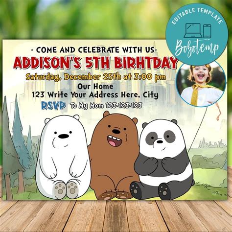 Printable We Bare Bears Birthday Invitation With Photo Diy