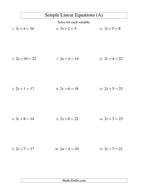 Algebra Solving Equations Worksheet
