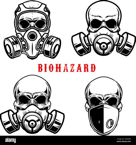 Set Of Illustration Of Human Skull In Gas Mask Isolated On White