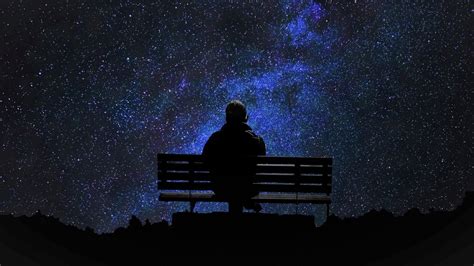 Man Is Sitting Alone On Bench Under Starry Sky During Nighttime Hd