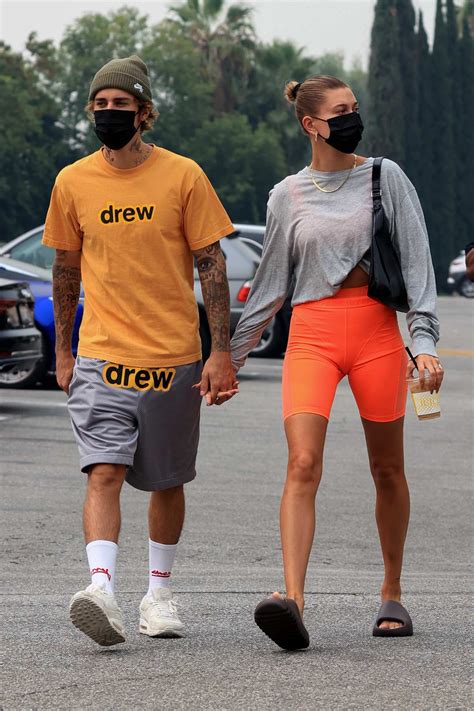 Hailey Bieber Rocks Bright Orange Bike Shorts While Heading For Pilates Class With Justin Bieber