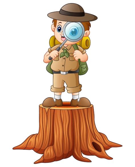 Niño Explorador Con Lupa En Tocón De árbol Vector Premium