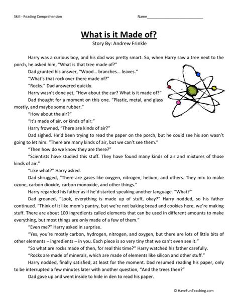 1st grade science worksheets and printables. Reading Comprehension Worksheet - What is it Made of?