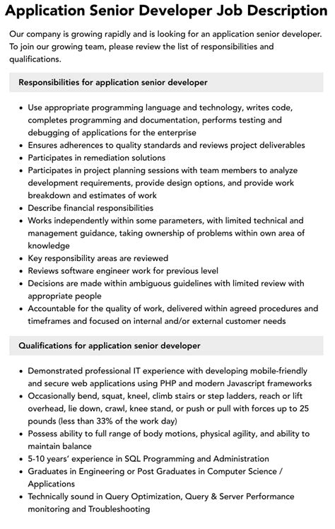 Application Senior Developer Job Description Velvet Jobs