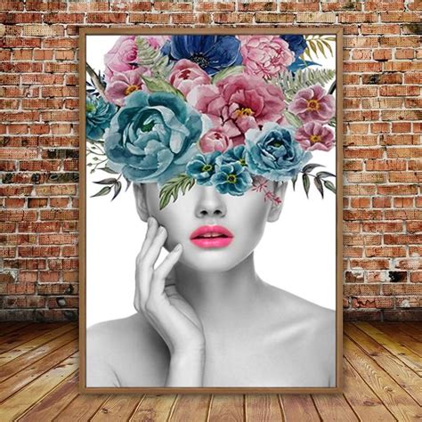 Beautiful Woman Portrait And Flower Canvas Paintings Wall Canvas Art P