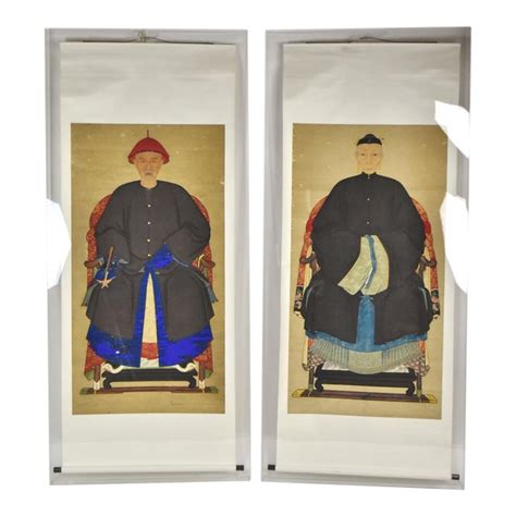 Pair 7 Ft Antique Chinese Scroll Paintings Ancestor Portraits Lucite