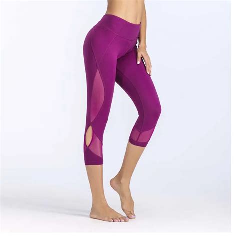 Women Sexy Mesh Yoga Pants Gym Purple Patchwork Sport Leggings Fitness Running Tights Workout