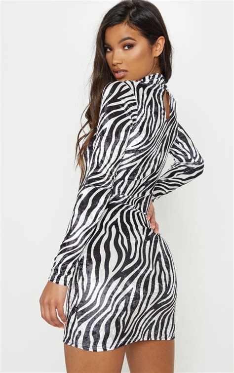 Monochrome Velvet Zebra Print Dress Dresses Prettylittlething