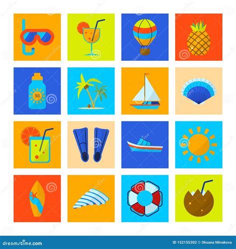 Flat Color Summer Holiday Icon Set Sports And Recreation Stock Vector