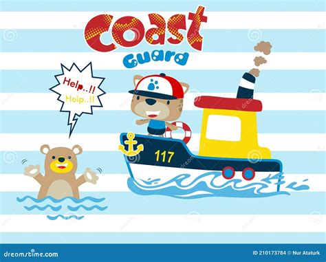Coast Guard Cartoon With Little Boat On Striped Background Stock Vector