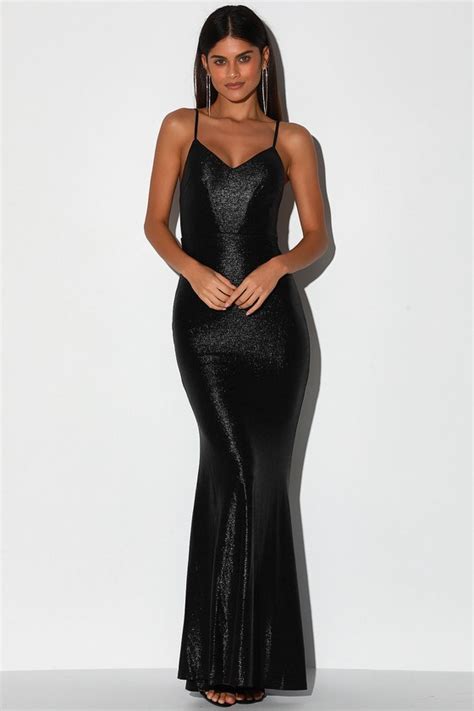 Shiny Black Maxi Dress Mermaid Maxi Dress Foiled Maxi Dress Lulus