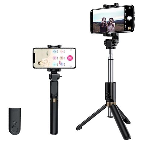Rock Selfie Stick Tripod Stand With Bluetooth Remote Control Black