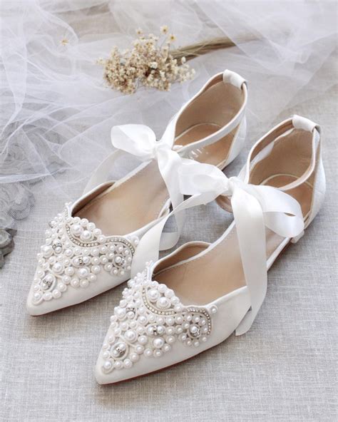 White Satin Pointy Toe Flats With OVERSIZED PEARLS APPLIQUE Women