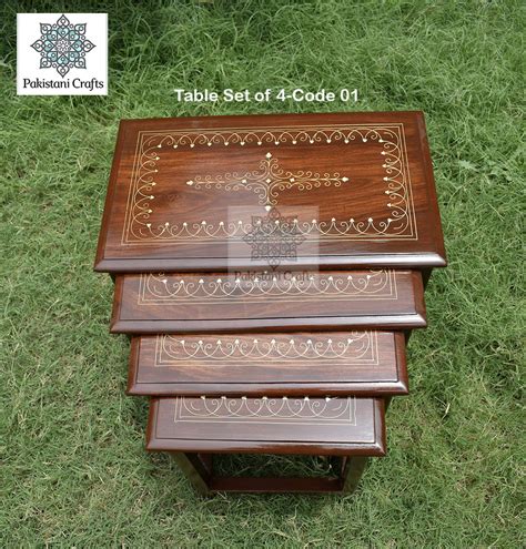Solid Wood Carved Tea Whole Tea Table With Metal Brass Work Pakistani