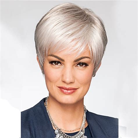 Mommy Wigs Short Straight Silver Grey Short Wigs Pixie Hair Side Bangs