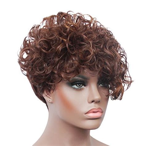 Capless Fluffy Short Curly Brown Highlight Spiffy Synthetic Hair Wig For African American Black