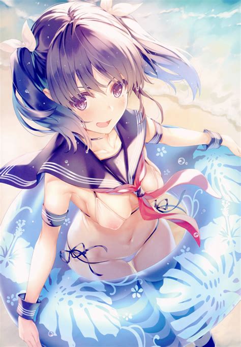 Misaki Kurehito Nanami Nagi Comic Aun Absurdres Highres 1girl Beach Bikini Blue Ribbon