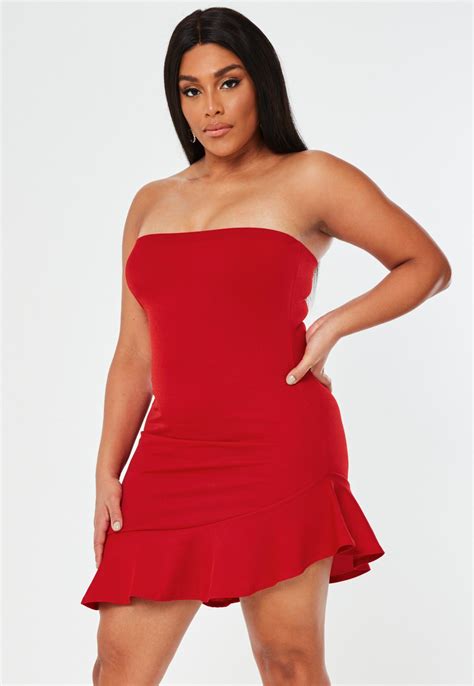 Plus Size Red Asymmetric Frill Hem Bandeau Mini Dress | Missguided ...