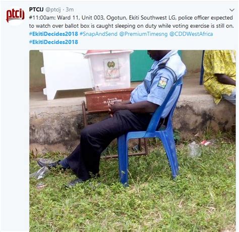 Ekiti Election Policeman Caught Sleeping While Watching Over Ballot Box Photo Politics Nigeria