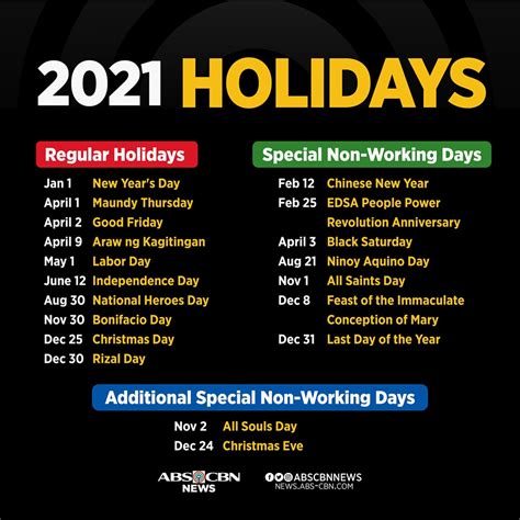 List Of Official Regular And Special Non Working Holidays In 2021