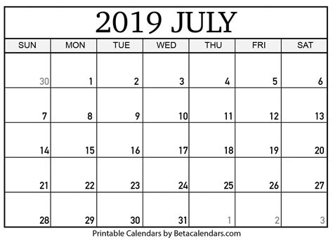 Free Printable July Calendar 2019