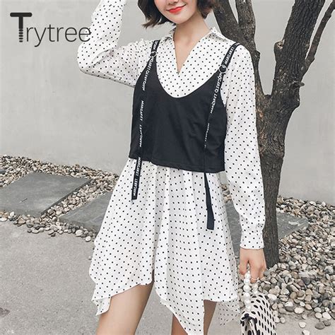 Trytree 2019 Autumn Dot Dress Letter Ribbon Tank Top Patchwork Shirt