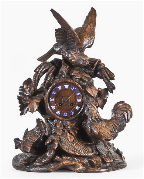 Black Forest Mantel Clock Handcarved Walnut Case Depicting A Hen