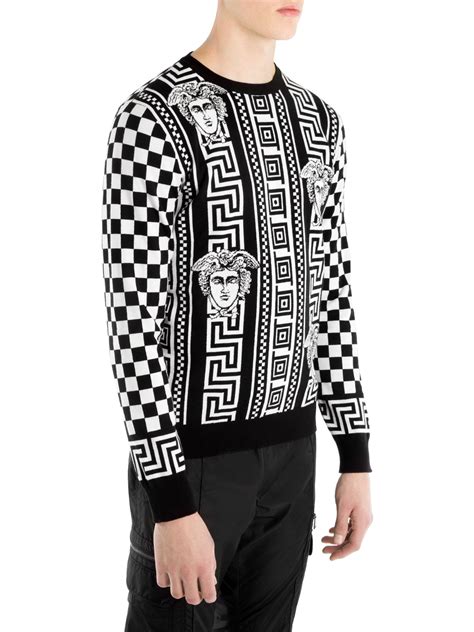 Lyst Versace Greek Motif Checkered Jacquard Sweater In Black For Men