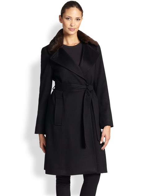 Lyst Sofia Cashmere Mink Collar Cashmere Wrap Coat In Black