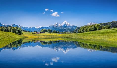 Idyllic Summer Landscape With Clear Mountain Lake In The Alps Stock