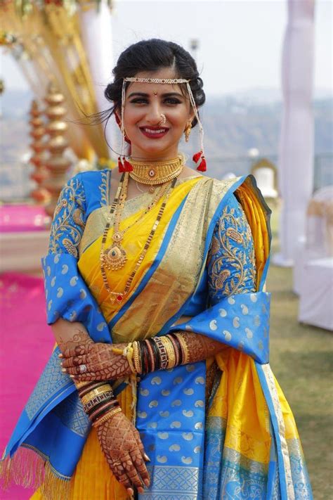 Maharashtrian Bride in Yellow Nauvari with Blue Custom Blouse #yellow # ...