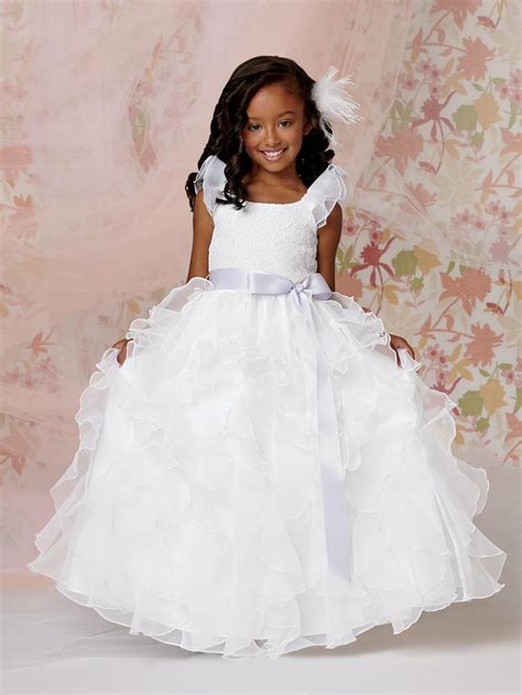 2015 Flowergirl Dress Ball Gown White Lace Flounced Skirt Ruffle Square