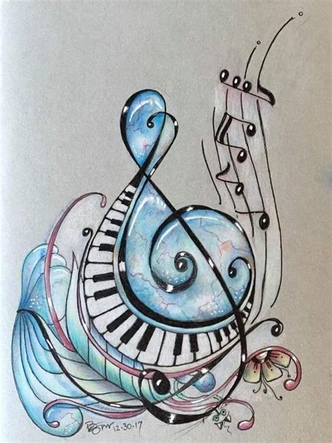 A Drawing Of A Musical Instrument With Music Notes And Swirls In The