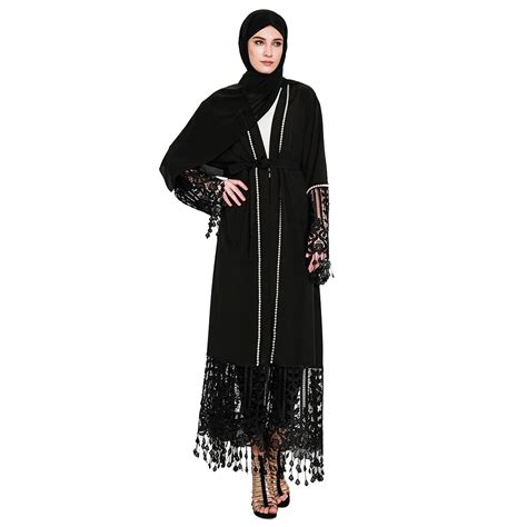 Fashion Muslim Women Lace Abaya Tassel Beading Islamic Cardigan Kimono