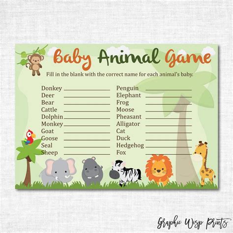 Safari Baby Animal Name Game Printable Baby Shower Baby