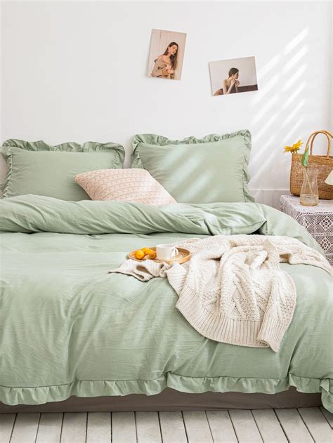 Decorating with white ruffled comforters and bedding sets like these are the ideal start to a sophisticated, delicate ambiance in your bedroom. Ruffle Trim Bedding Set Without Filler | SHEIN USA in 2020 ...