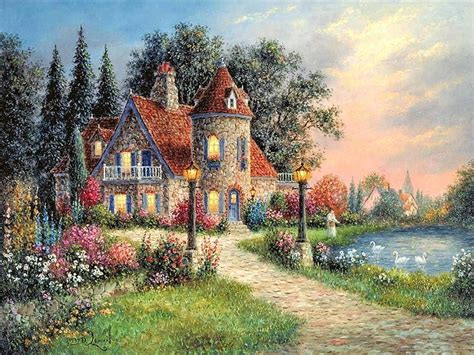 Country Cottage House Painting Flowers Path River Trees Swans