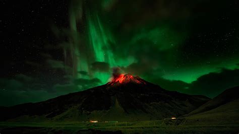 Northern Lights Over A Flaming Volcano Wallpapers And Images