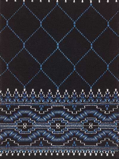 A Blue And Black Knitted Pattern With White Stitching On The Bottom
