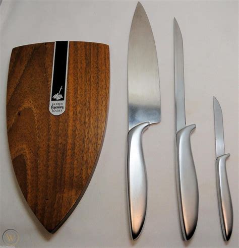 Vintage Gerber Legendary Blades 3 Knife Set W Wood Holder Pixie French