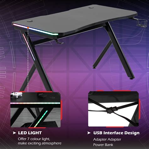 Homcom Gaming Desk Computer Table Metal Frame With Led Light Cup