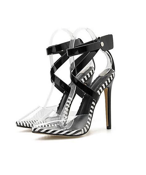 Clear Pointed Black White Stripe Heels Iconic7