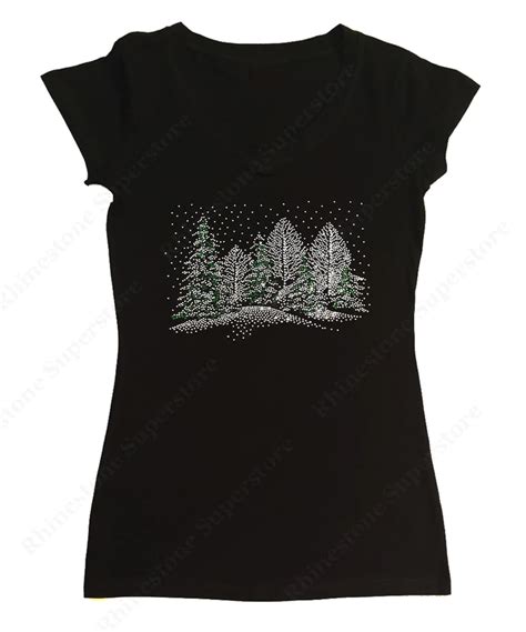 Womens T Shirt With Winter Scene With Snow And Christmas Trees In